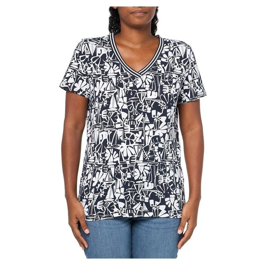 Nautica Womens S Night Sky Printed V Neck Short Sleeve T Shirt Top NWT CC66 - Picture 1 of 4